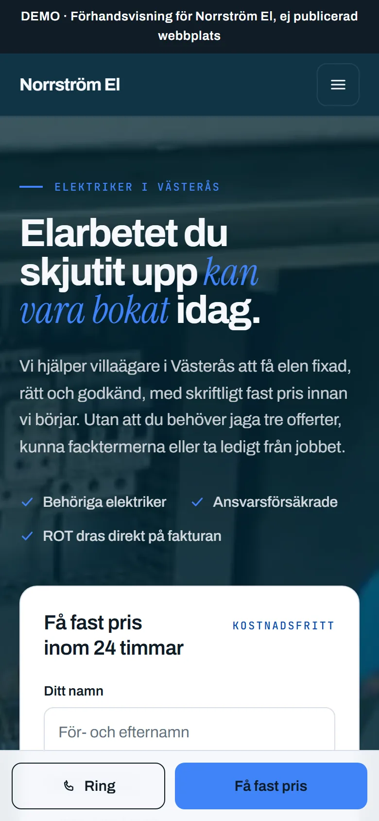 Demosajten för den påhittade firman Norrström El i en mobil: rubrik, tre löften och formuläret för fast pris